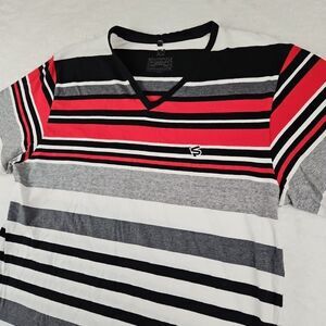 VTG SOUTHPOLE Mens White/Grey/Red Striped Shirt S/S Sz 2XL *Fits L*‎ V Neck